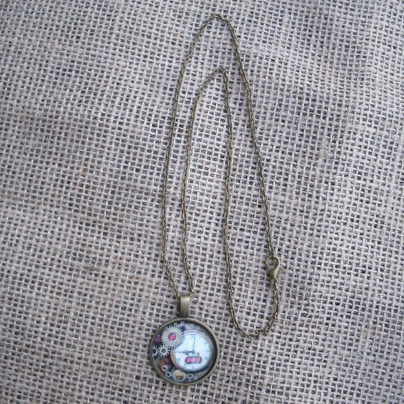 Steampunk Clock & Gears Glass Cabochon Pendant Necklace - Picture 4 of 12